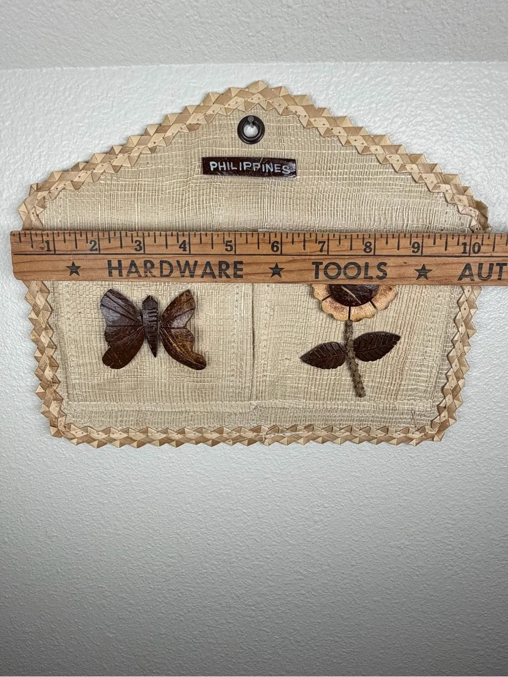 Vintage Woven Rattan Raffia Mail Bill Sorter Coconut Shell Butterfly Sunflower